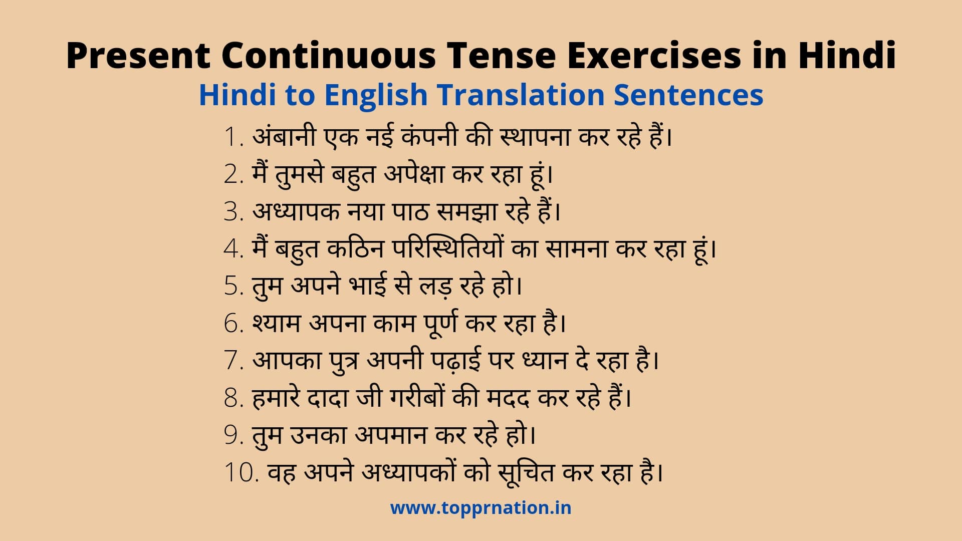 Present Continuous Tense Exercises In Hindi (Hindi To English Translation)