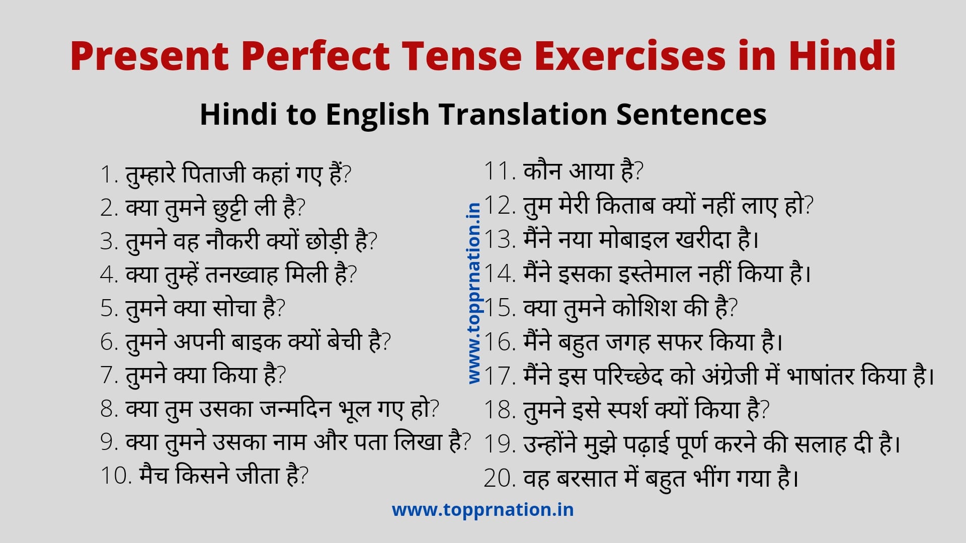 Present Perfect Tense Exercises in Hindi (Hindi to English Translation)