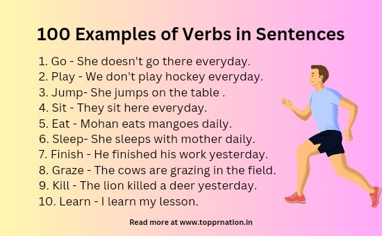 100 Examples of Verbs in Sentences. 100 Sentences of Verbs in Examples. 100 Verbs Examples. Examples of 100 Verbs in Sentences