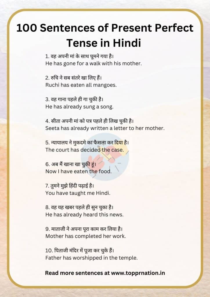 100 Sentences of Present Perfect Tense in Hindi