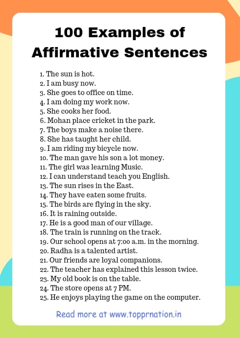 100 Examples of Affirmative Sentences (Assertive Sentences)