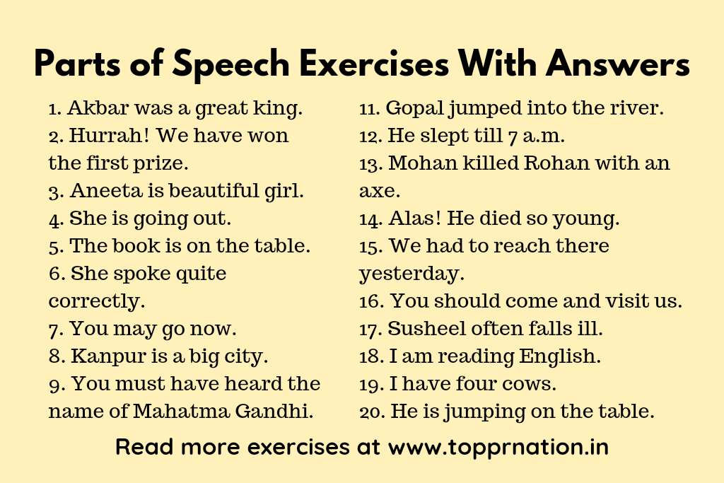 Parts of Speech Exercises With Answers